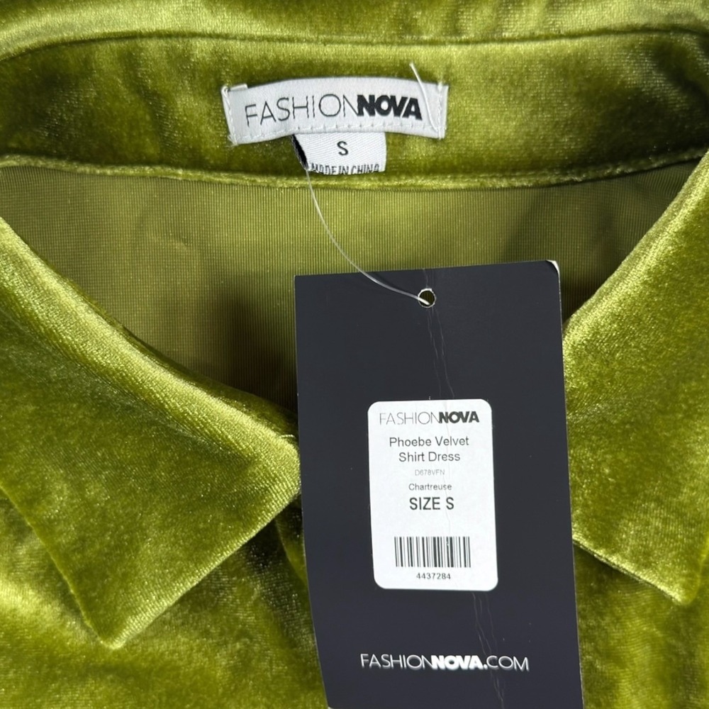 NEW Fashion Nova Phoebe Velvet Shirt Dress S Green Chartreuse Mini Luxe Mod - Picture 8 of 10